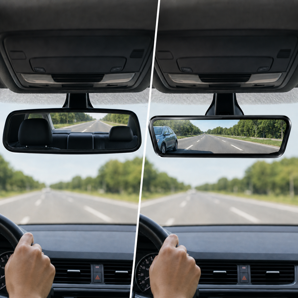 A conventional rear-view mirror obstructed by headrests compared with a Cleardrive digital mirror showing a left-rear vehicle
