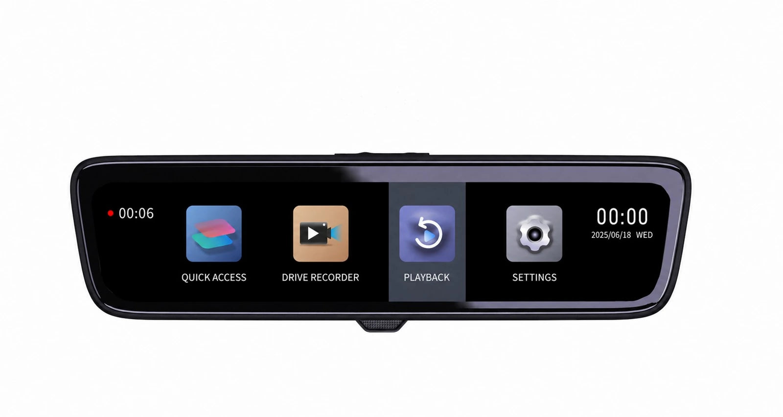 ClearDrive 19 Series mirror showing its Quick Access, Driving Recorder, Playback and Settings menu