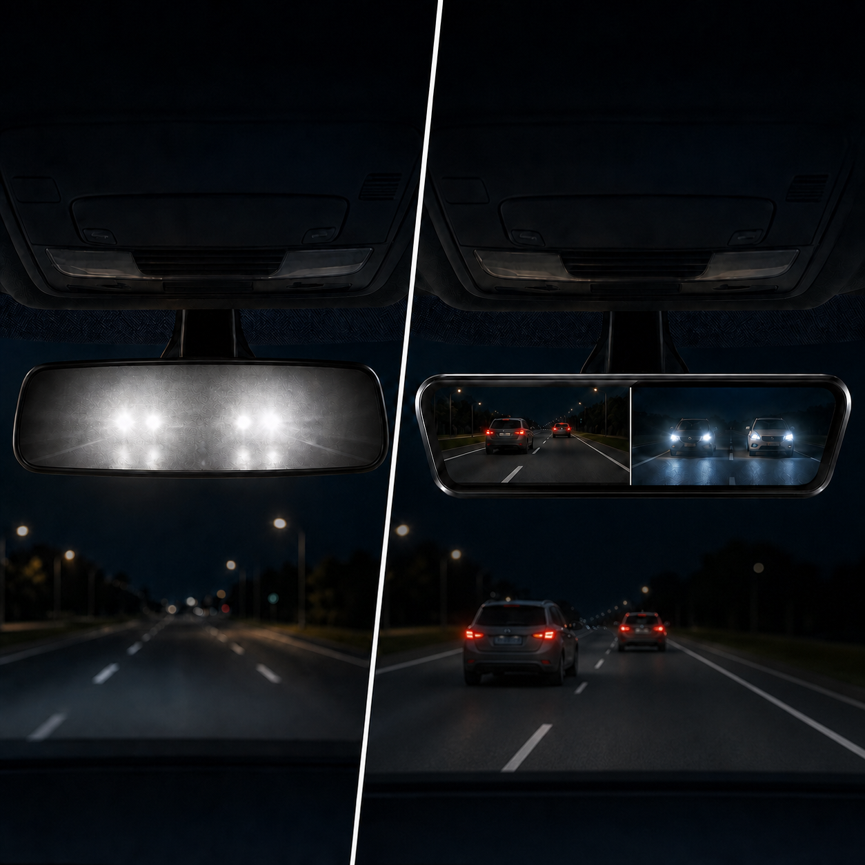 A conventional rear-view mirror overwhelmed by night glare compared with a clear Cleardrive split-screen display
