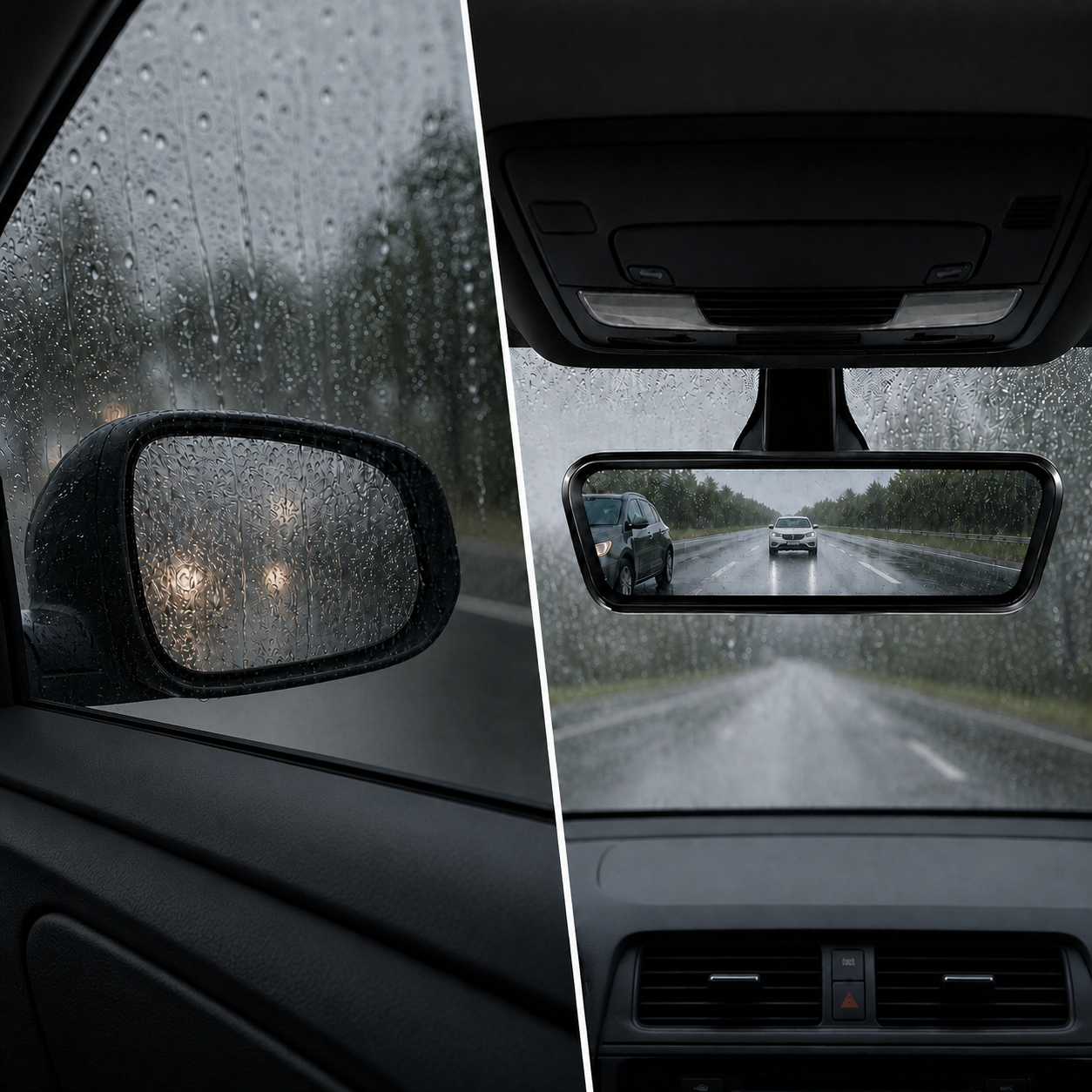 Rain-covered conventional side mirror compared with a Cleardrive digital rear-view display in rainy conditions