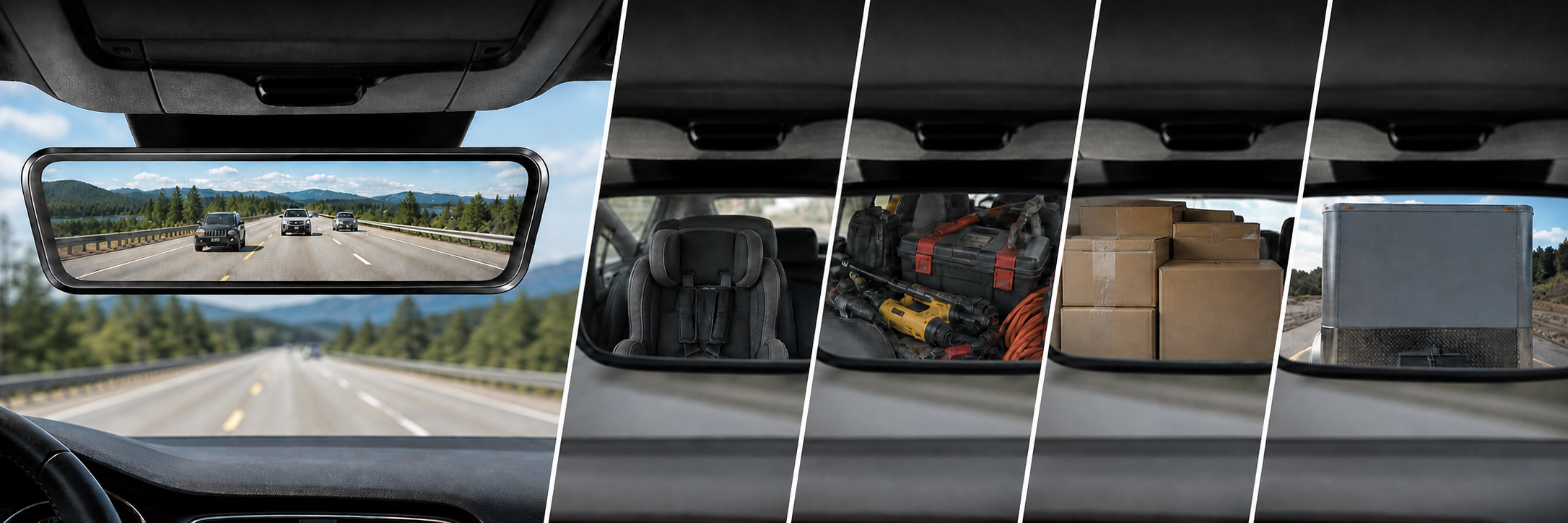 Digital rear-view mirror with a clear rear-camera view compared with obstructed conventional mirror views