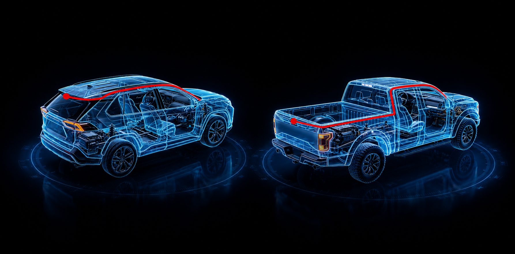 Blueprint-style vehicle coverage illustration for Cleardrive digital rear-view mirrors